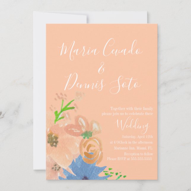 Peach Florals Script Wedding Bold Watercolor Invit Einladung (Vorderseite)