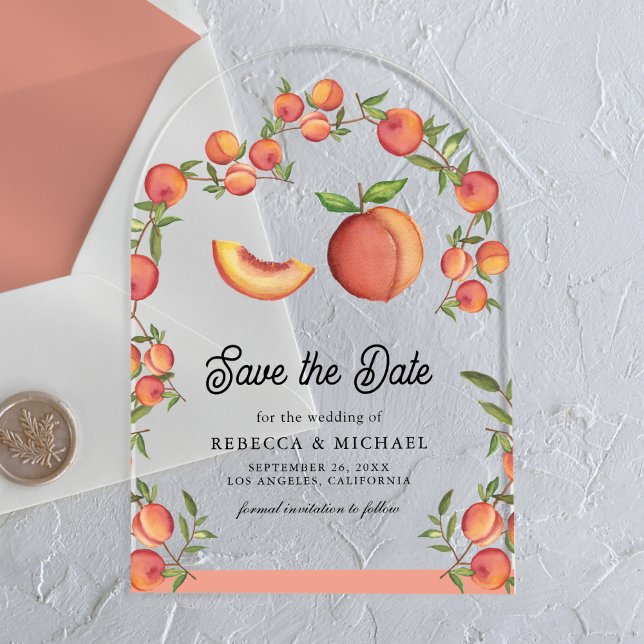 Peach Fruit Arch Wedding Save the Date Acryleinladungen (Von Creator hochgeladen)