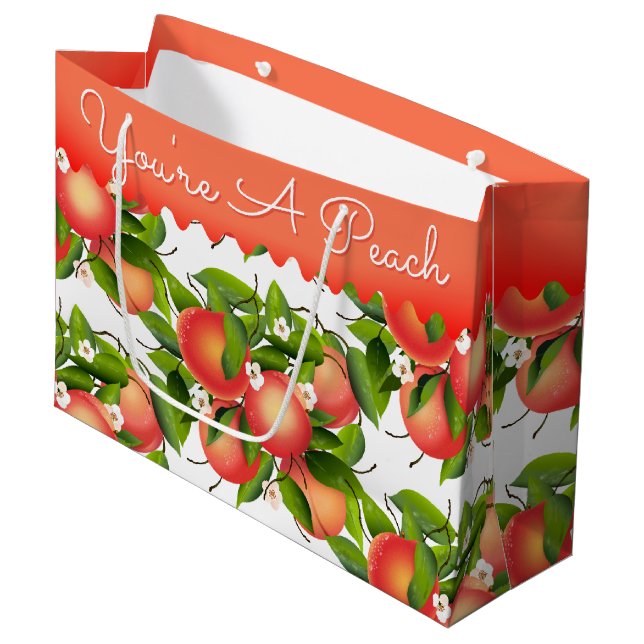 Peach Fruit Floral Botanical Large Gift Bag Große Geschenktüte (Vorderseite Schrägansicht)