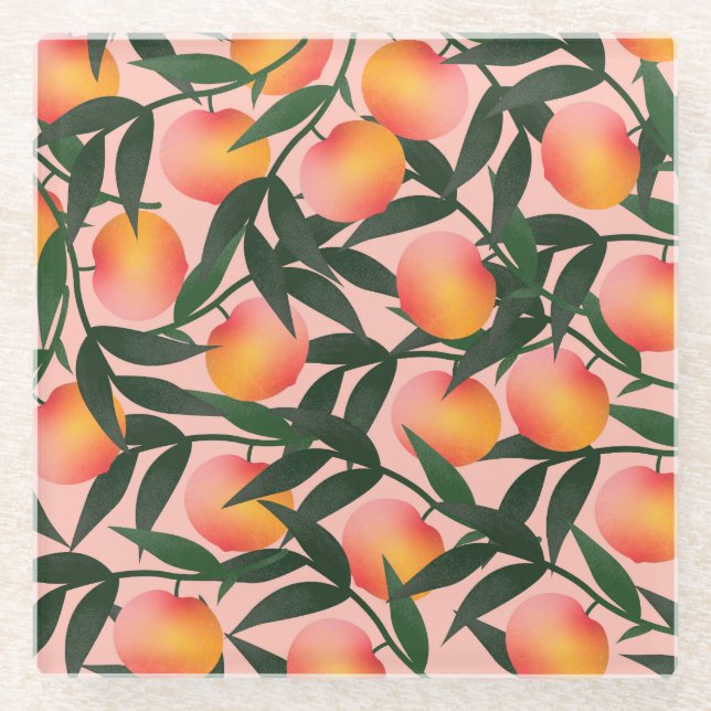 Peach Fruit Pink Hintergrund Muster. Glasuntersetzer (Vorderseite)