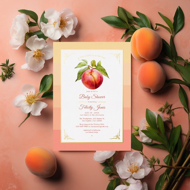 Peach Fuzz and Gold Foil Babydusche Folieneinladung (Peach Fuzz Baby Shower)