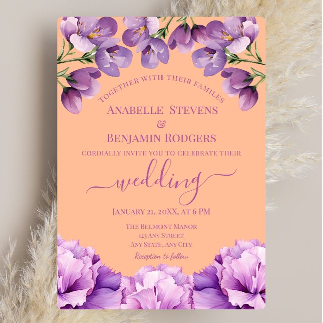 Peach Fuzz and Lilac Floral with QR code Wedding Einladung (Von Creator hochgeladen)