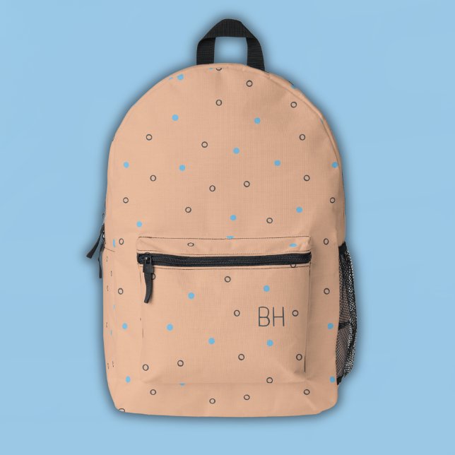 Peach Fuzz & Blue Polka Dots Monogram Initialen Bedruckter Rucksack (Von Creator hochgeladen)