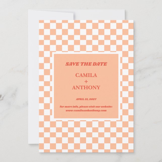 Peach Fuzz Checkered Gingham Pattern Save The Date (Vorderseite)