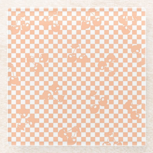 Peach Fuzz Cherry Gingham Pattern Glasuntersetzer (Vorderseite)