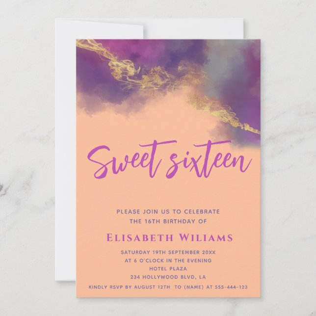 Peach fuzz coole Abstrakte Alkoholtupfer Goldschri Einladung (Vorderseite)