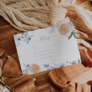 Peach Fuzz Dusty Blue Trendy Wedding RSVP Karte