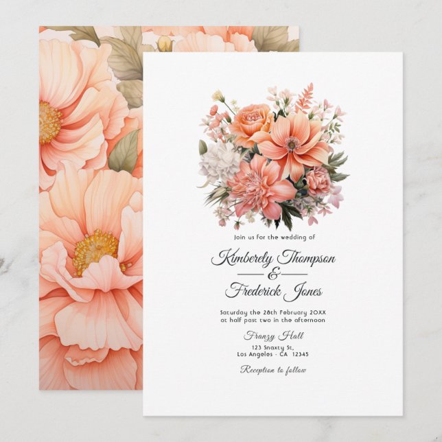 Peach Fuzz Floral Wedding Einladung (Vorne/Hinten)