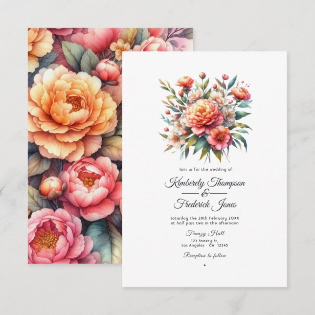 Peach Fuzz Floral Wedding Einladung (Vorne/Hinten)