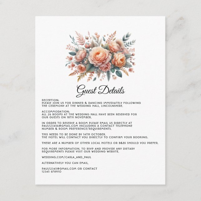 Peach Fuzz Floral Wedding Guest Details Begleitkarte (Vorderseite)