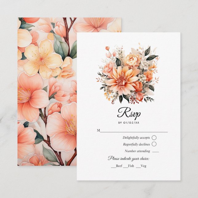 Peach Fuzz Floral Wedding RSVP Karte (Vorne/Hinten)