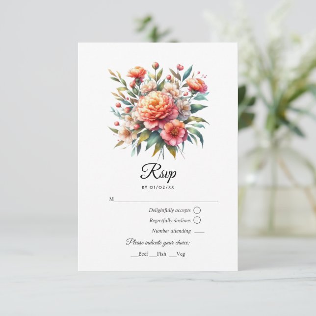 Peach Fuzz Floral Wedding RSVP Karte (Stehend Vorderseite)