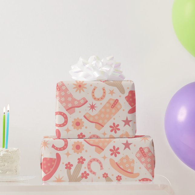 Peach Fuzz Groovy Cowgirl Stiefel und Hüte Geschenkpapier (Partygeschenke)