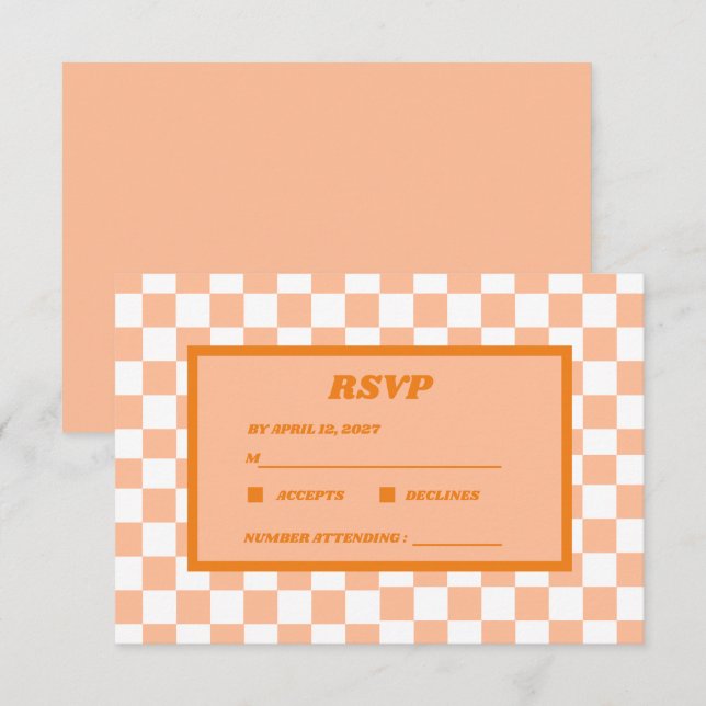 Peach Fuzz Orange Checkered Gingham Pattern RSVP Karte (Vorne/Hinten)