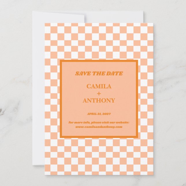 Peach Fuzz Orange Checkered Gingham Pattern Save The Date (Vorderseite)
