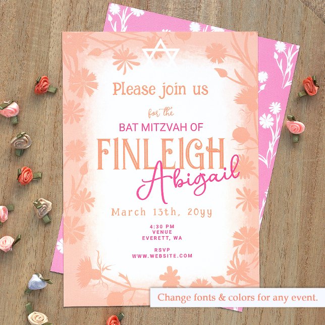 Peach Fuzz, Pink Wild Blume Bat Mitzvah Einladung (Peach, Pink Bat Mitzvah Invitation with Floral Border, Chic Wild Flower Design)