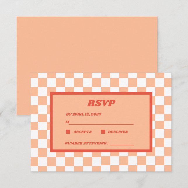 Peach Fuzz Red Checkered Gingham Pattern RSVP Karte (Vorne/Hinten)