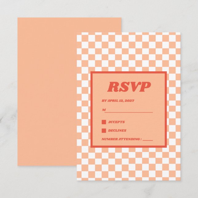 Peach Fuzz Red Checkered Gingham Pattern RSVP Karte (Vorne/Hinten)