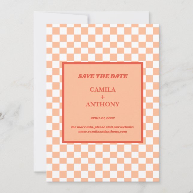 Peach Fuzz Red Checkered Gingham Pattern Save The Date (Vorderseite)