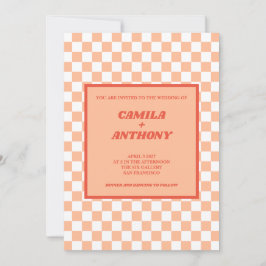 Peach Fuzz Red Checkered Gingham Pattern Wedding Einladung