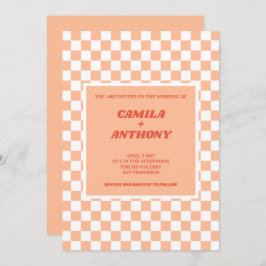 Peach Fuzz Red Checkered Gingham Pattern Wedding Einladung