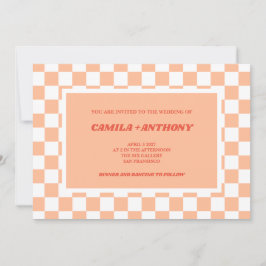Peach Fuzz Red Checkered Gingham Pattern Wedding Einladung
