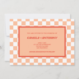 Peach Fuzz Red Checkered Gingham Pattern Wedding Einladung
