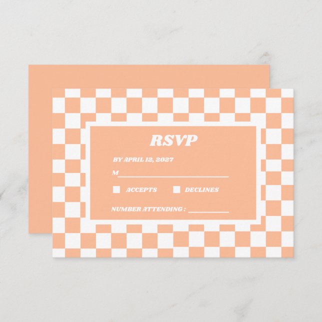 Peach Fuzz White Checkered Gingham Pattern RSVP Karte (Vorne/Hinten)