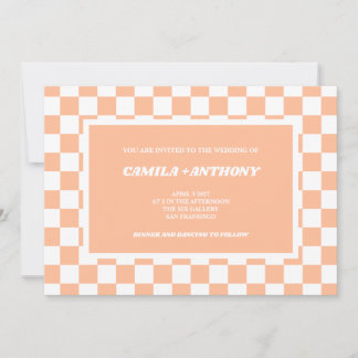 Peach Fuzz White Checkered Gingham Pattern Wedding Einladung