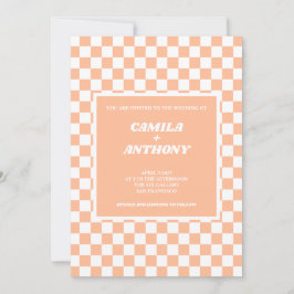 Peach Fuzz White Checkered Gingham Pattern Wedding Einladung