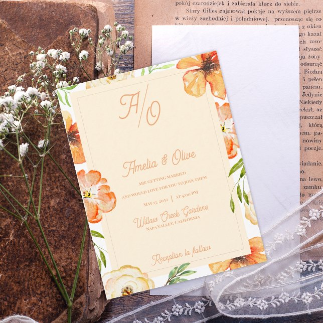 Peach Garden Meadow Floral Monogram Wedding Invite Postkarte (Soft Peach Garden Meadow Florals Monogram Save the Date | Watercolor Floral Wedding Save the Date)