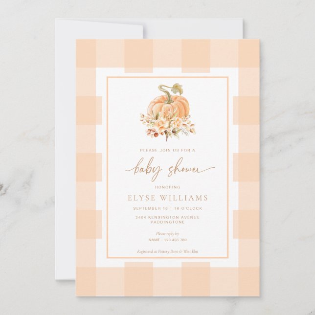 Peach Gingham A Little Pumpkin Baby Shower Einladung (Vorderseite)
