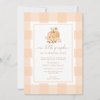 Peach Gingham A Little Pumpkin Erster Geburtstag Einladung