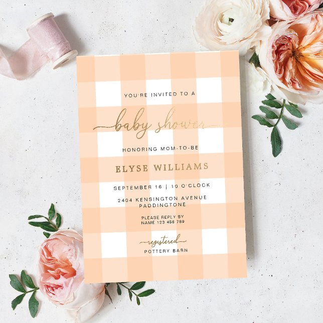 Peach Gingham Baby Shower Foil Einladung (Von Creator hochgeladen)