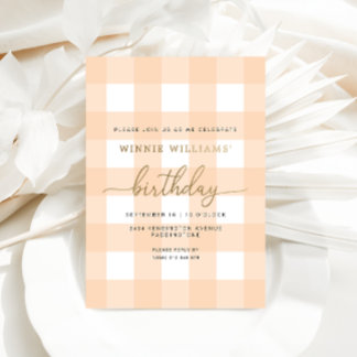Peach Gingham Birthday Gold Foil Einladung