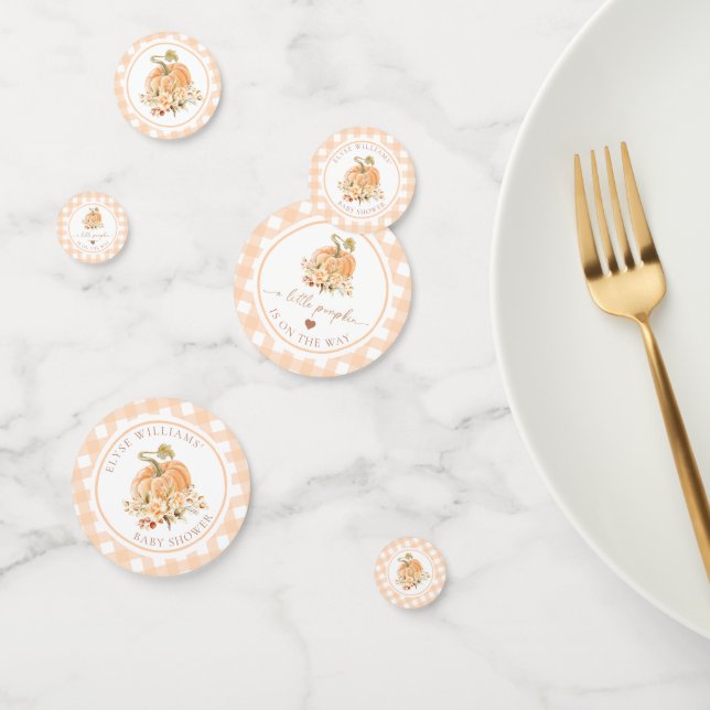 Peach Gingham Fall Ein kleiner Kürbis ist unterweg Konfetti (Gruppe)