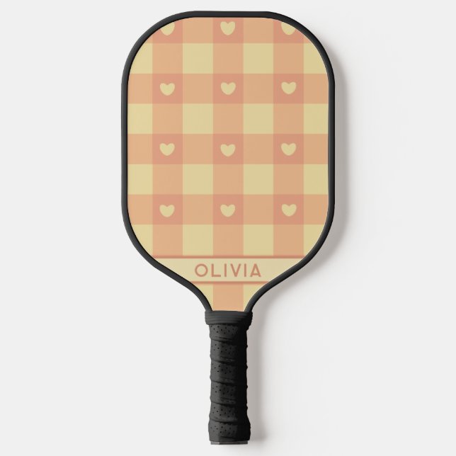 Peach Gingham Herzmuster, Niedlich Kawaii Checkere Pickleball Schläger (Vorderseite)