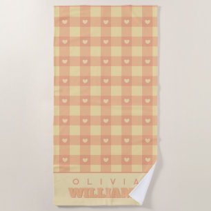 Peach Gingham Herzmuster, Niedlich Kawaii Checkere Strandtuch