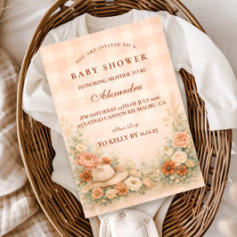 Peach Gingham Western Floral Baby Shower Einladung