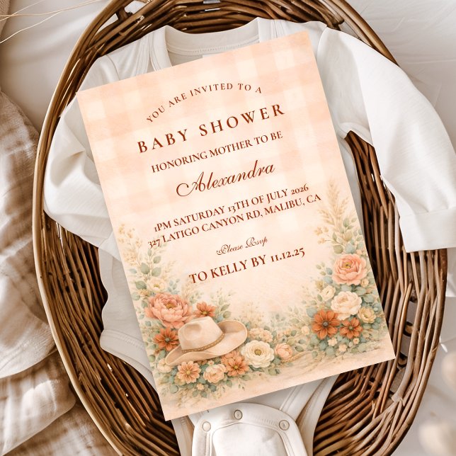 Peach Gingham Western Floral Baby Shower Einladung (Von Creator hochgeladen)