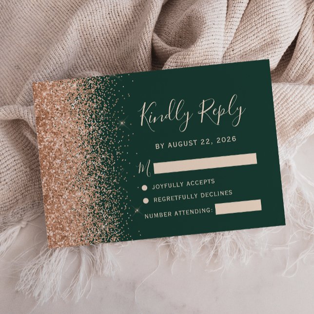 Peach Glitzer Emerald Green Wedding RSVP Karte (Von Creator hochgeladen)