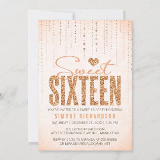 Peach Glitzer Look Sweet 16 (sechzehn) Party Einladung