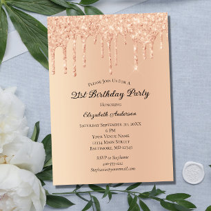 Peach Glitzer Tropfens Trendy Glam 21. Geburtstag Einladung