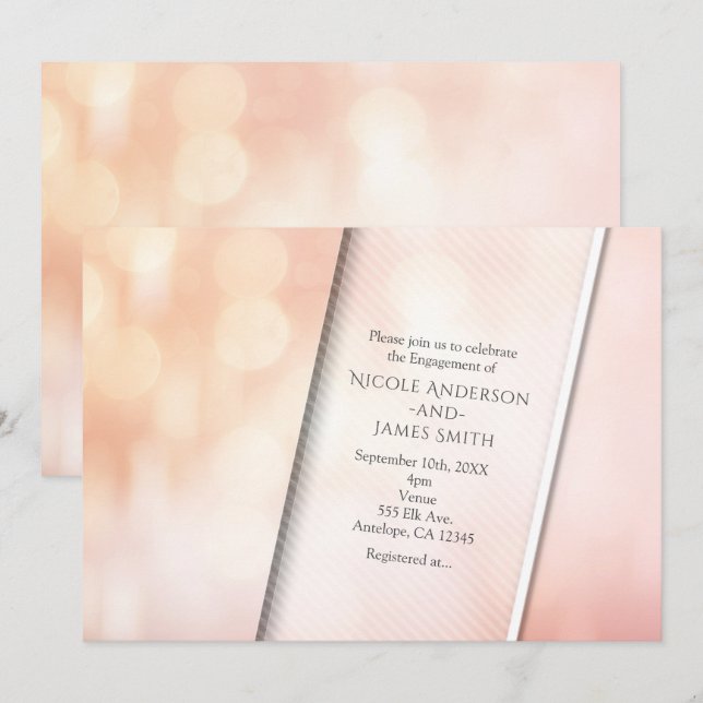 Peach Glow Elegante Bokeh Lights Engagement Party Einladung (Vorne/Hinten)
