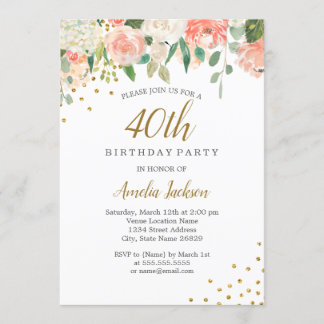 Peach Gold Aquarellblume 40. Geburtstag Party Einladung