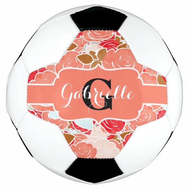 Peach & Gold Aquarellfarben Rose Blumenmonogramm Fußball (Vorderseite)