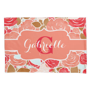 Peach & Gold Aquarellfarben Rose Blumenmonogramm Kissenbezug