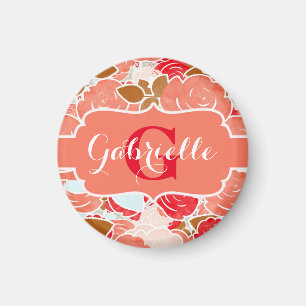 Peach & Gold Aquarellfarben Rose Blumenmonogramm Magnet