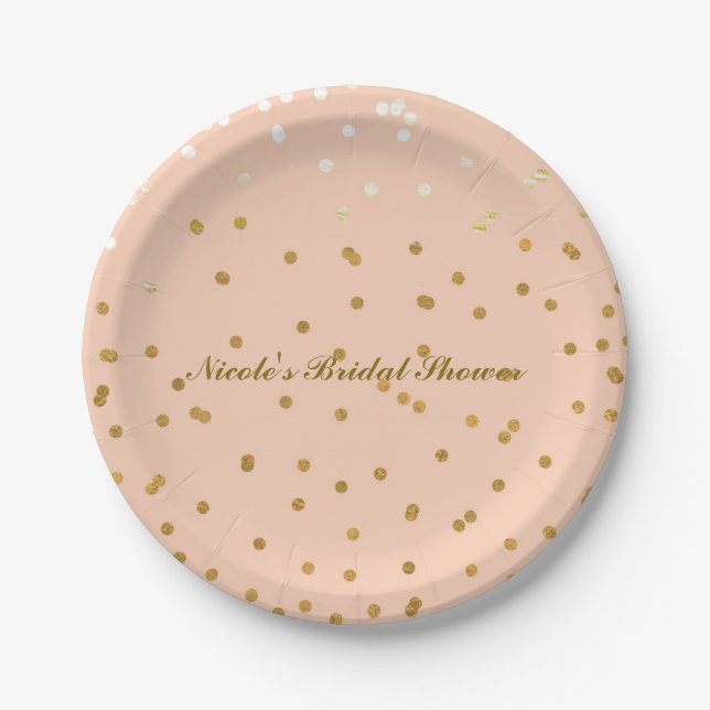 Peach & Gold Confetti Dots Modernes Brautparty Pappteller (Vorderseite)