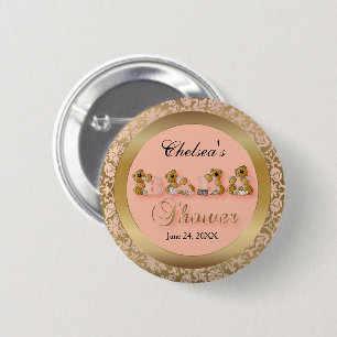Peach & Gold Damask mit Teddy Bears Babydusche Button